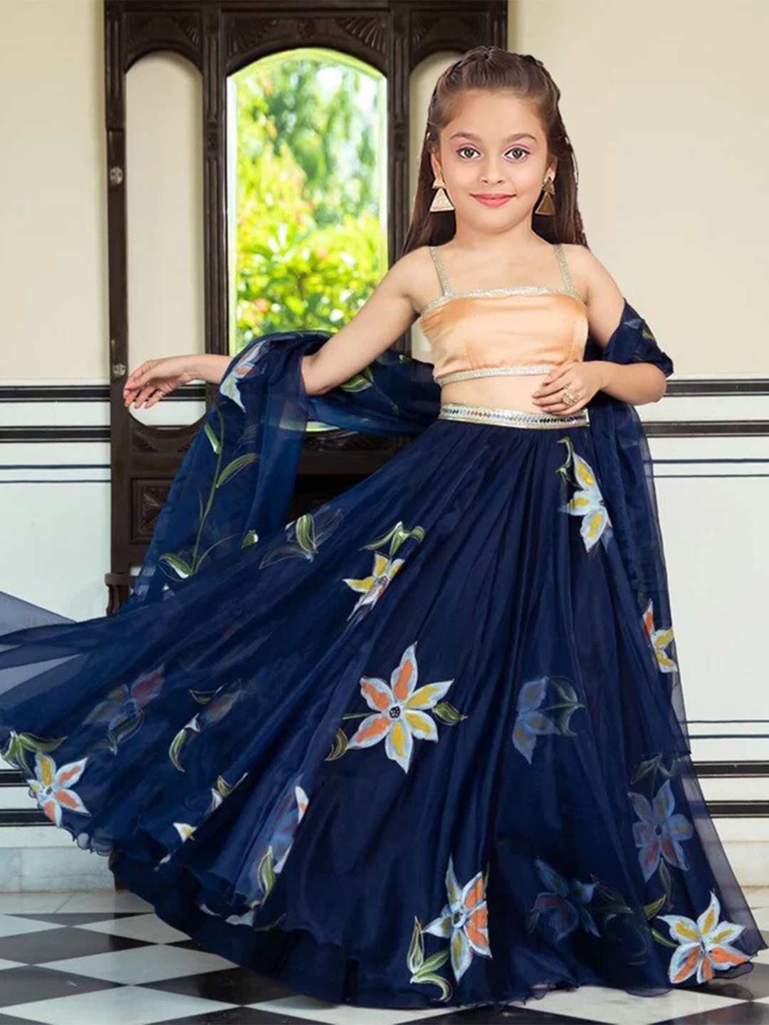 

BAESD Girls Floral Printed Semi-Stitched Lehenga Choli With Dupatta, Blue