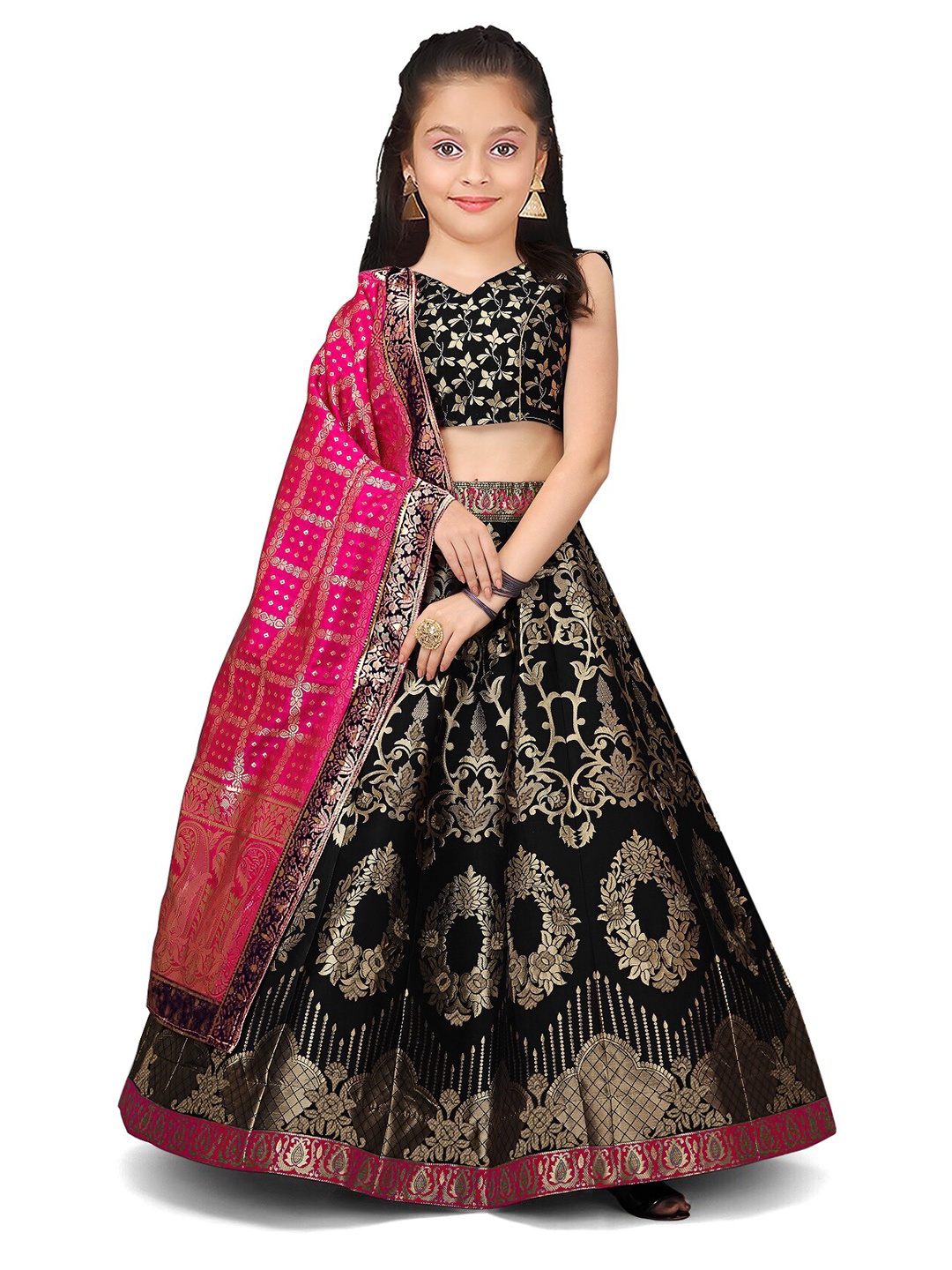 

BAESD Girls Woven Design Semi-Stitched Silk Lehenga Choli With Dupatta, Black