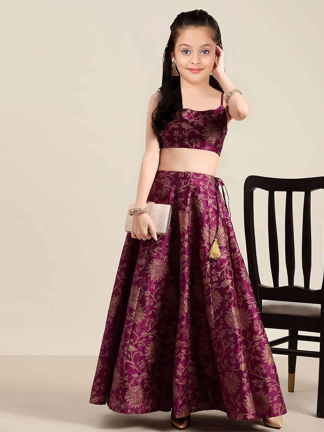 

BAESD Girls Wwoven Design Semi-Stitched Silk Lehenga Choli With Dupatta, Purple