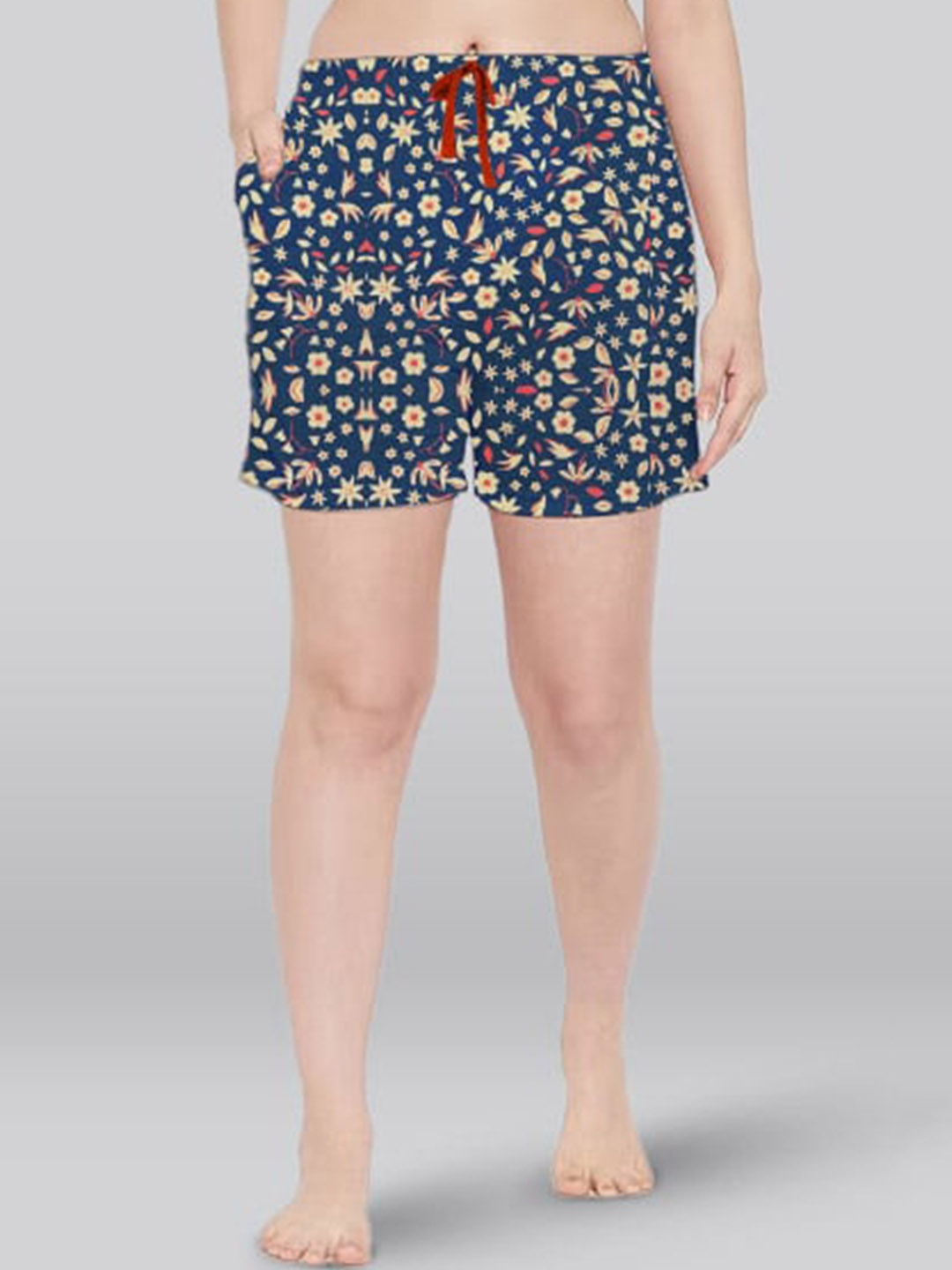 

LYRA Women High-Rise Floral Printed Antimicrobial Knitted Lounge Shorts, Navy blue