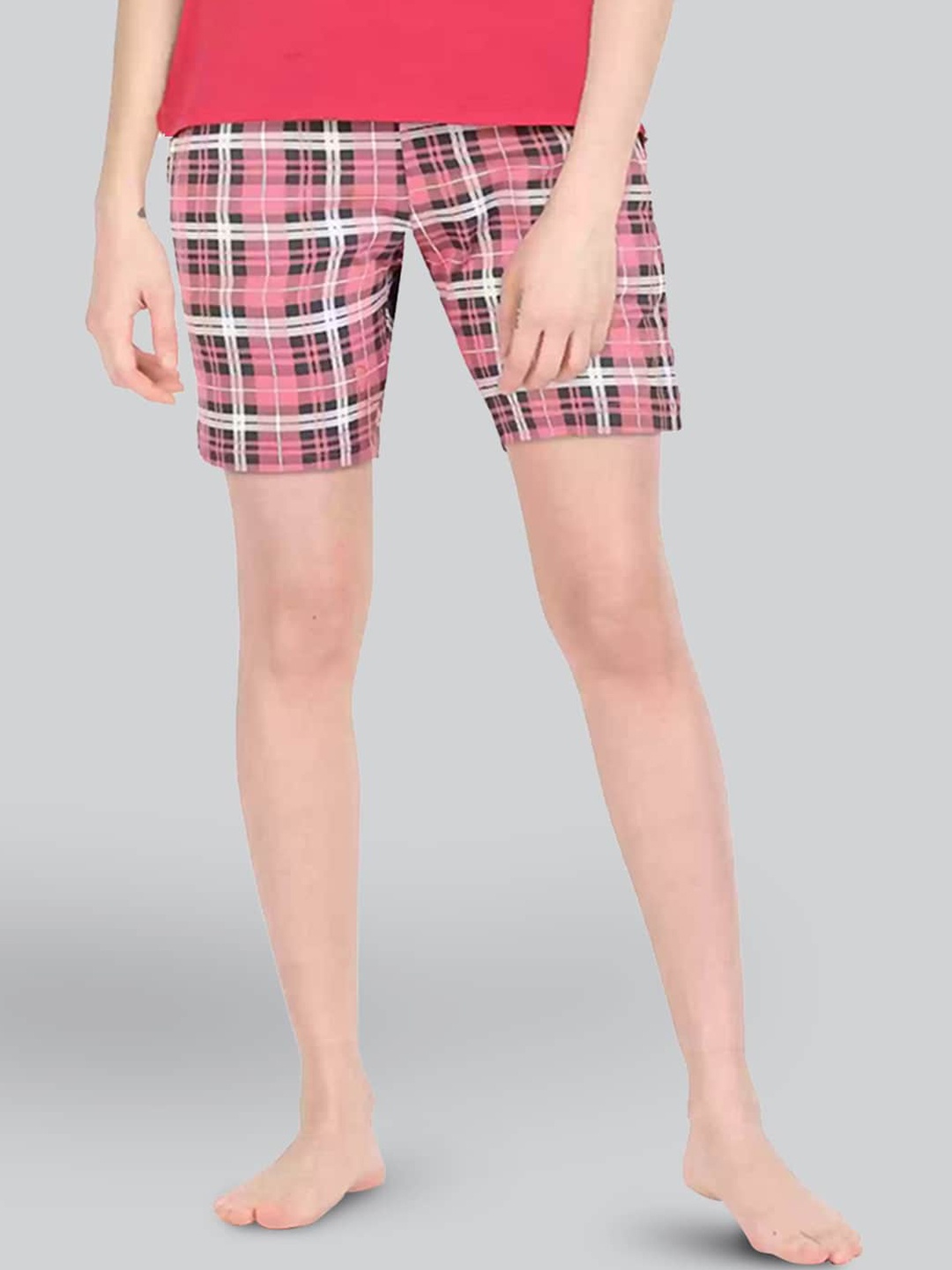 

LYRA Women Checked Mid-Rise Cotton Lounge Shorts, Pink