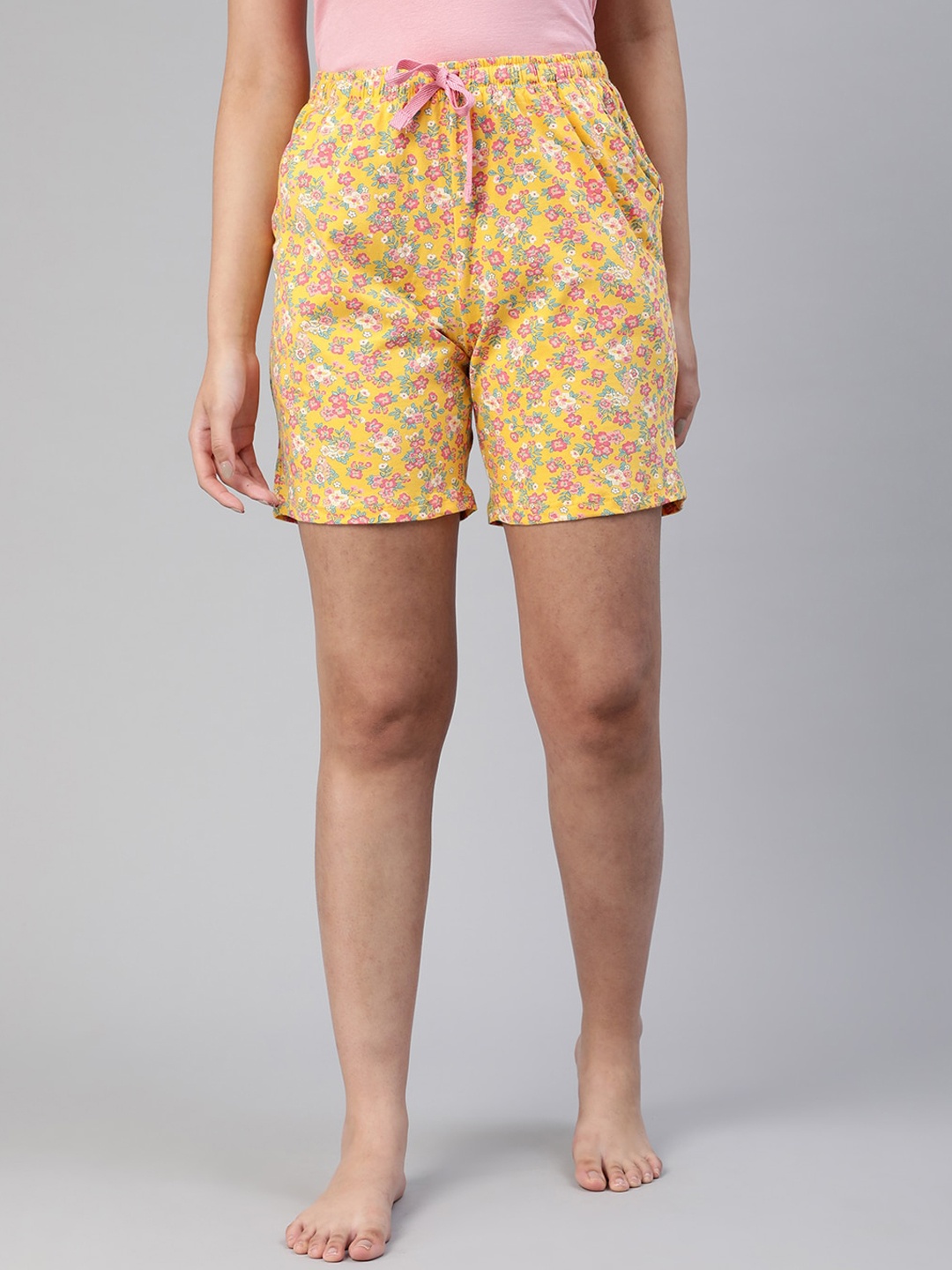 

LYRA Women Floral Printed Cotton Antimicrobial Lounge Shorts, Yellow
