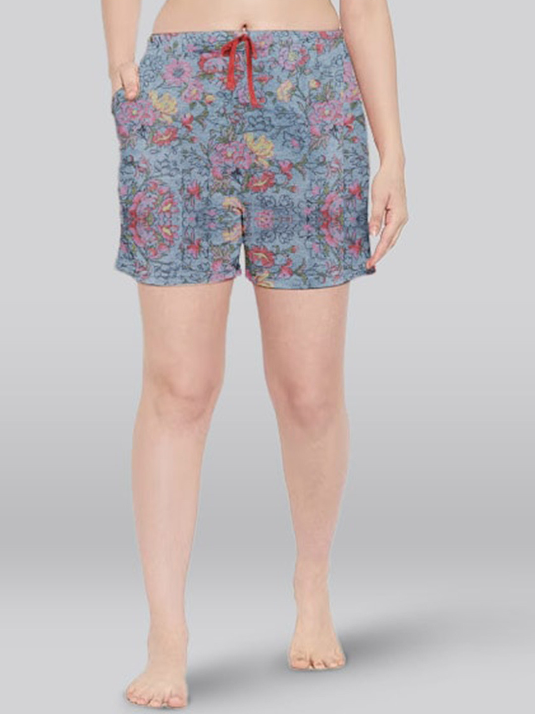 

LYRA Women High-Rise Floral Printed Antimicrobial Knitted Lounge Shorts, Blue