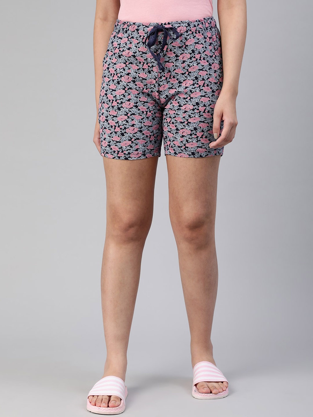 

LYRA Women Floral Printed Mid-Rise Cotton Lounge Shorts, Navy blue