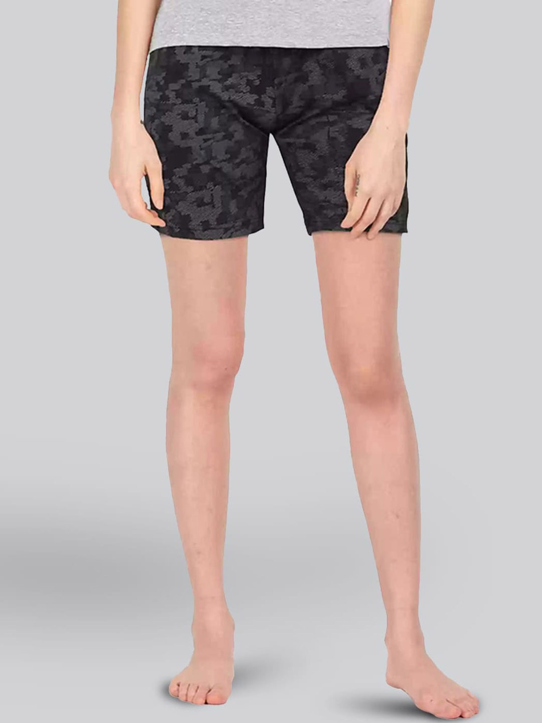 

LYRA Women Abstract Printed Mid-Rise Cotton Lounge Shorts, Black