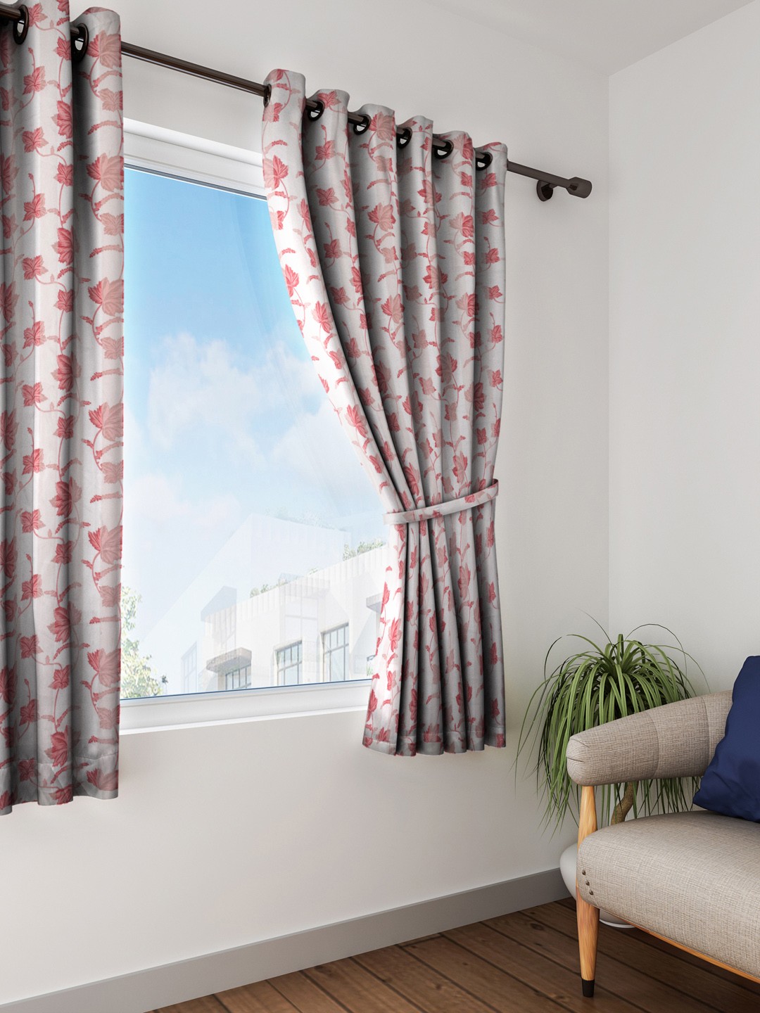 

Cortina Maroon & Off-White Set of 2 Floral Print Window Curtains