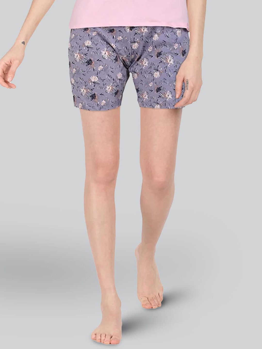 

LYRA Women High-Rise Floral Printed Antimicrobial Knitted Lounge Shorts, Grey