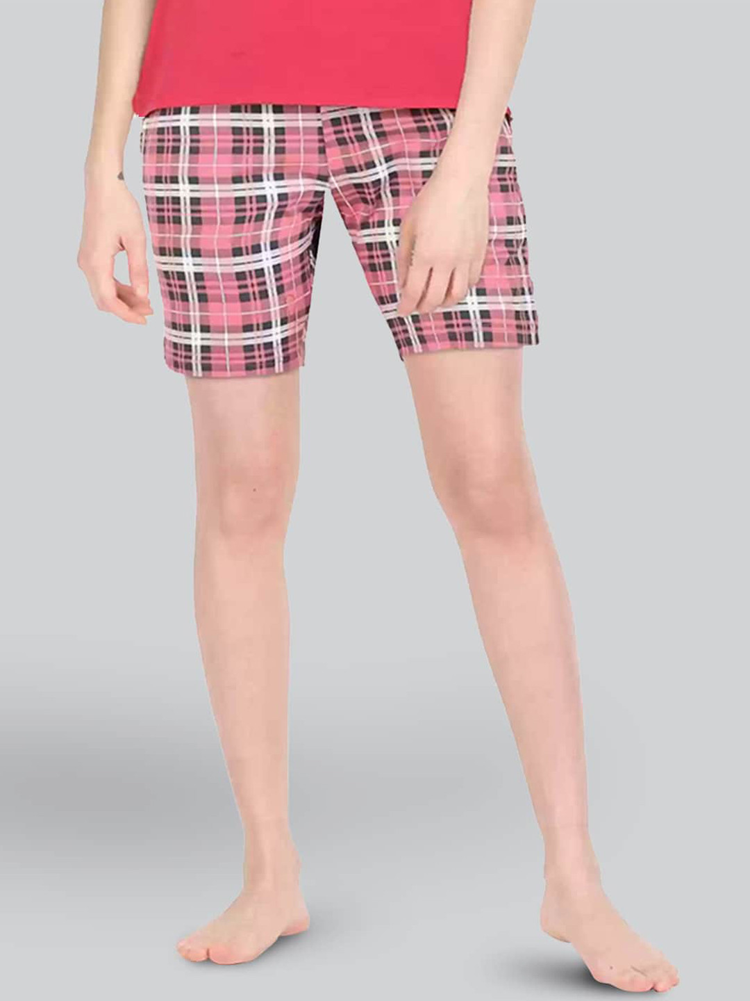 

LYRA Women Checked Mid-Rise Cotton Lounge Shorts, Pink