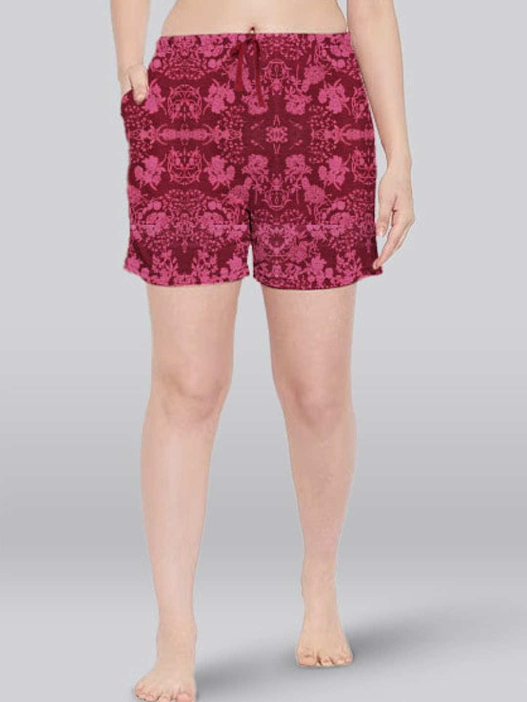 

LYRA Women Floral Printed High-Rise Lounge Shorts, Maroon