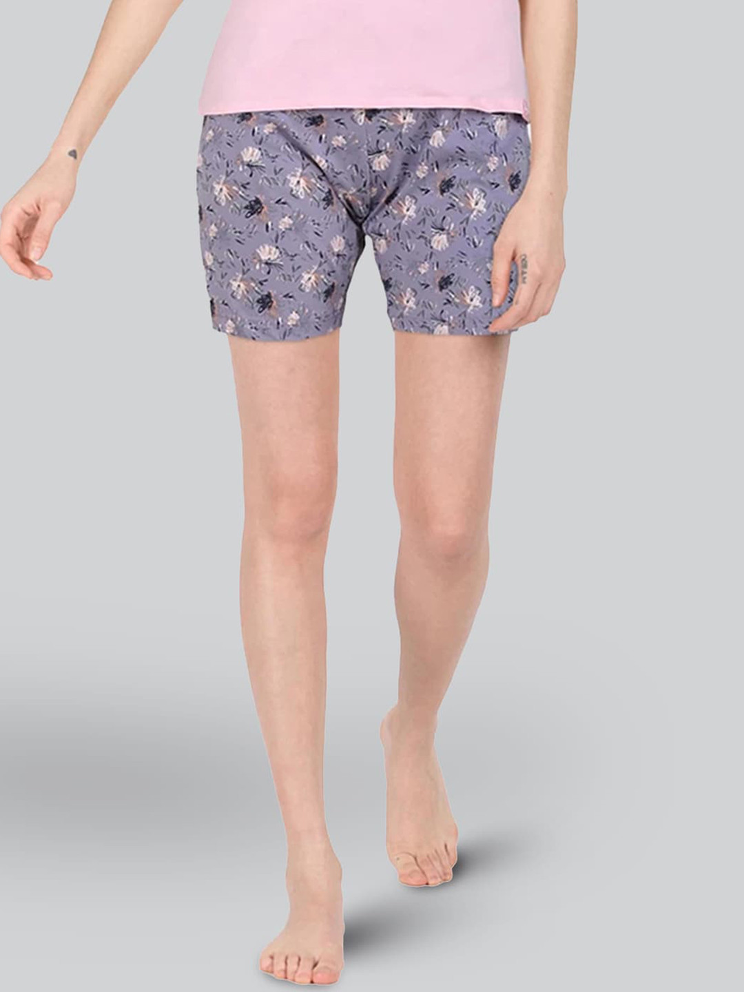 

LYRA Women Floral Printed Mid-Rise Cotton Lounge Shorts, Grey