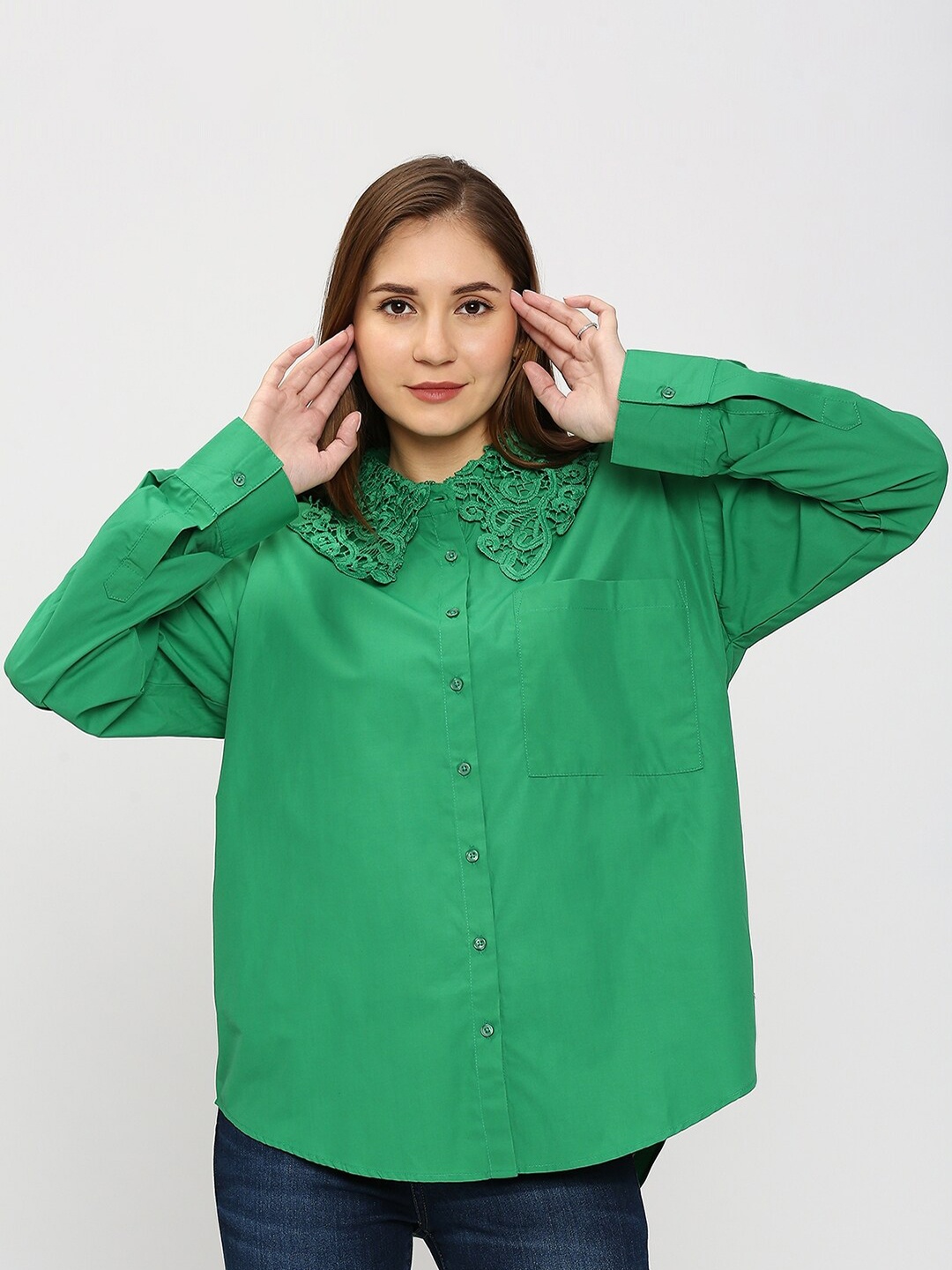 

SPYKAR Band Collar Long Sleeves Cotton Casual Shirt, Green