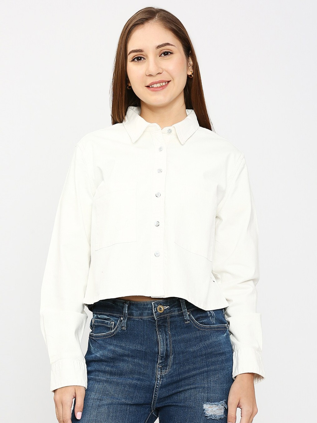 

SPYKAR Spread Collar Slim Fit Opaque Cotton Crop Casual Shirt, White