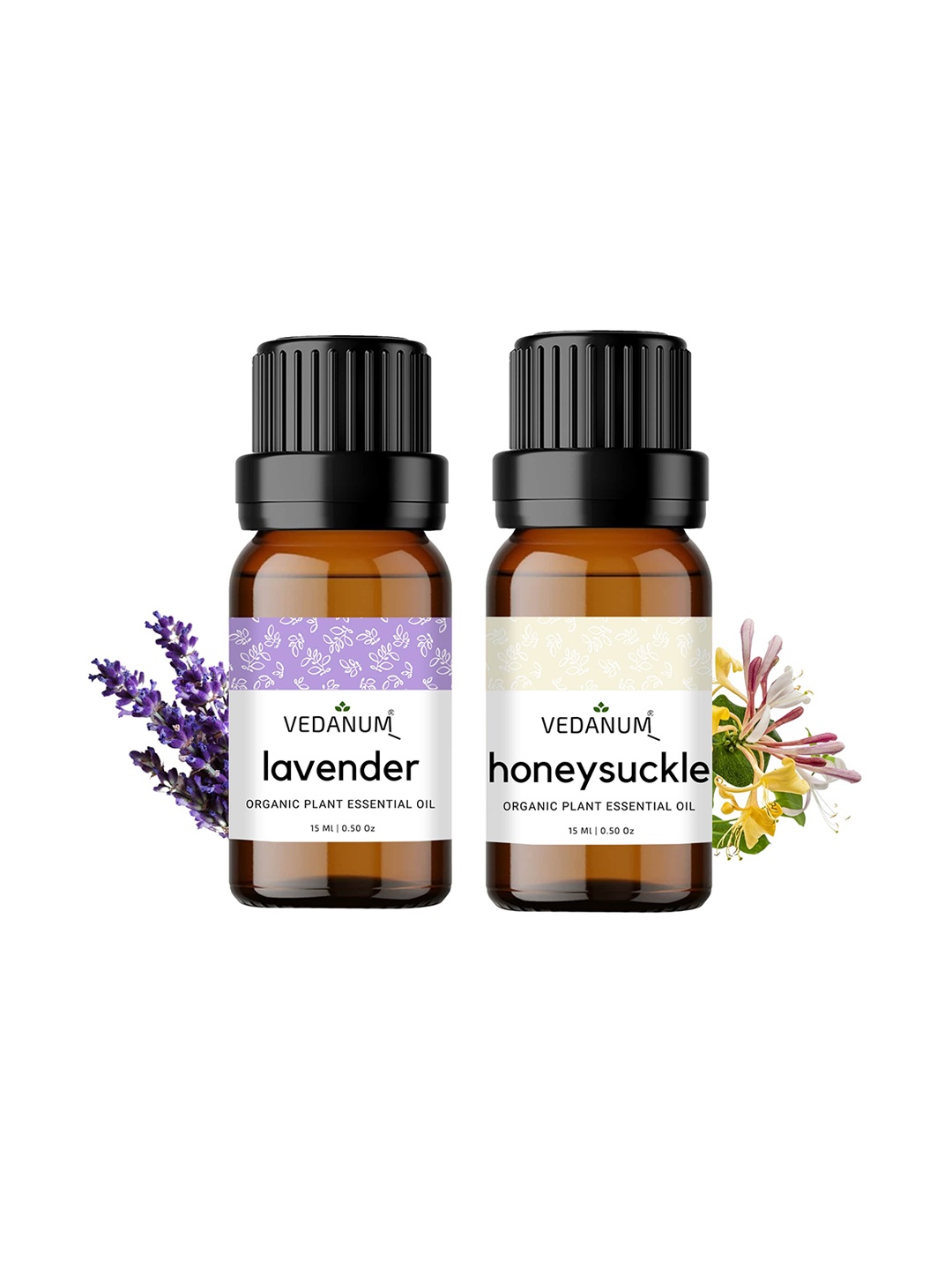

VEDANUM Set of 2 Lavender & Honeysuckle Organic Plant Essential Oil 15 ml (Each), Brown