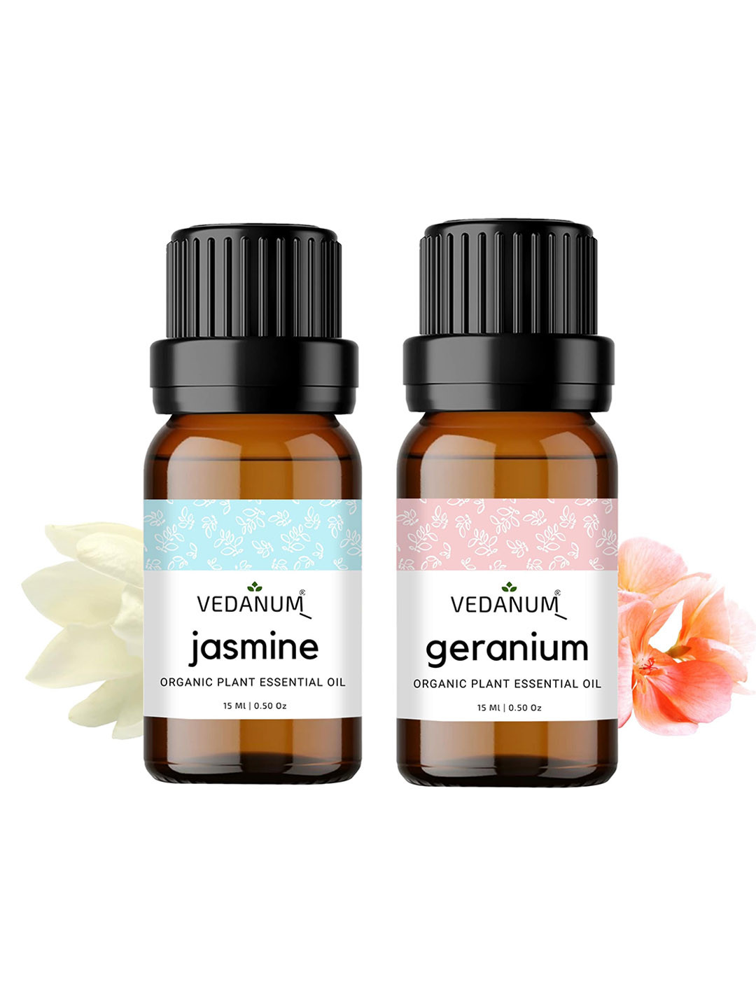 

VEDANUM Set of Jasmine & Geranium Organic Plant Essential Oil 15 ml Each, Brown
