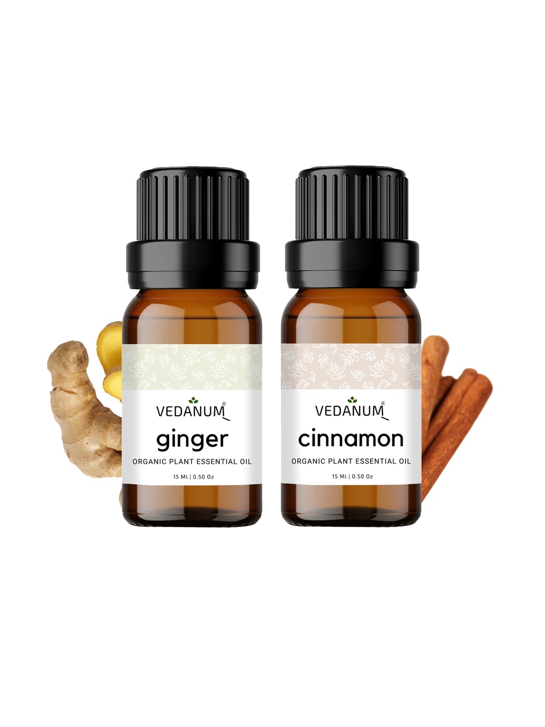 

VEDANUM Set of Cinnamon & Ginger Organic Plant Essential Oil 15 ml Each, Brown