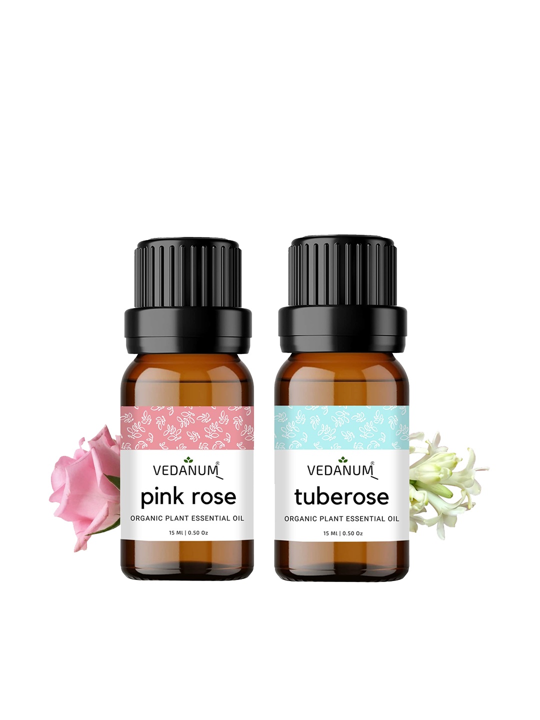 

VEDANUM Set of 2 Organic Plant Essential Oils 15ml each - Pink Rose & Tuberose, Brown