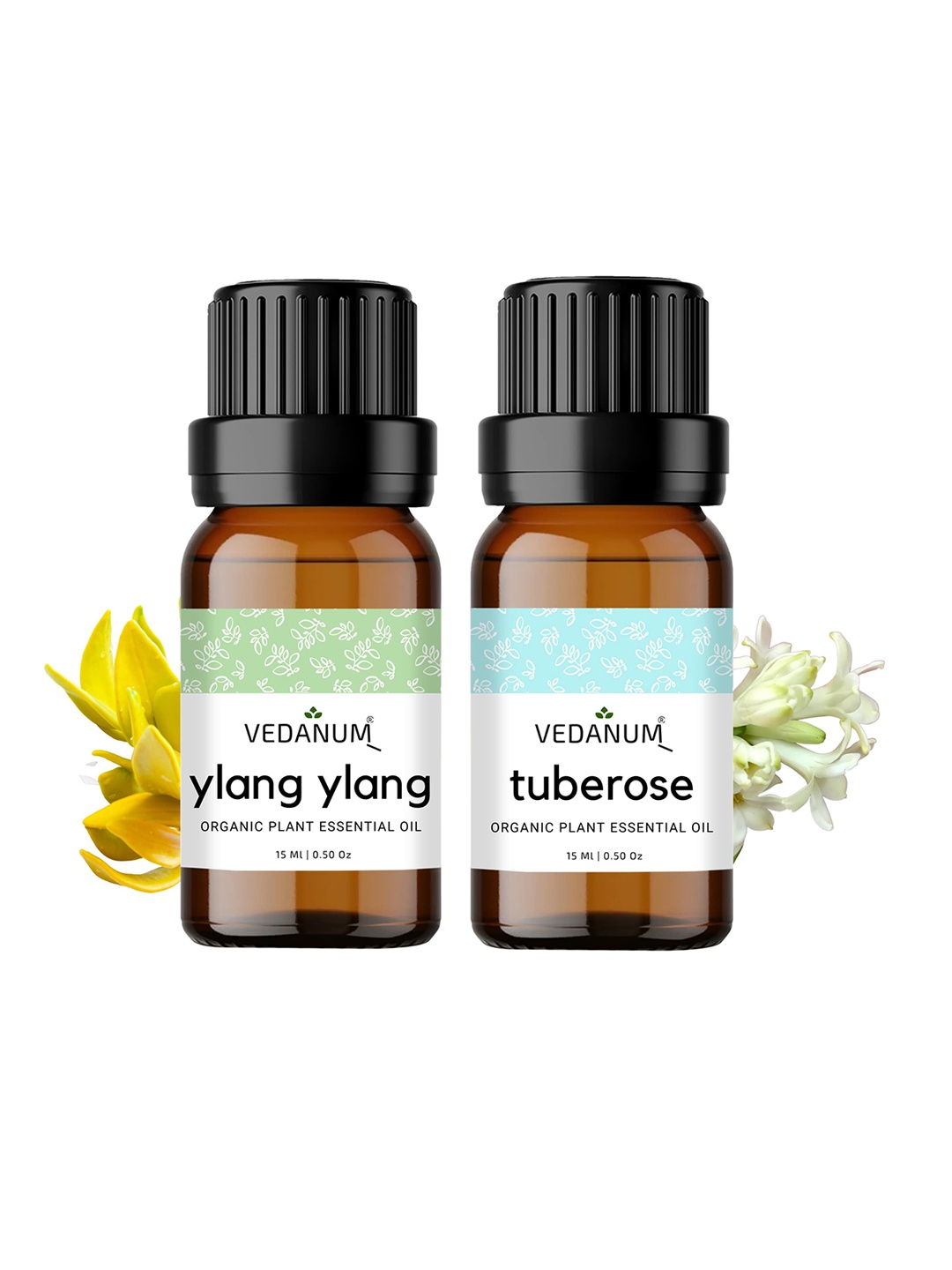 

VEDANUM Set of 2 Organic Plant Essential Oils 15 ml Each - Ylang Ylang and Tuberose, Transparent