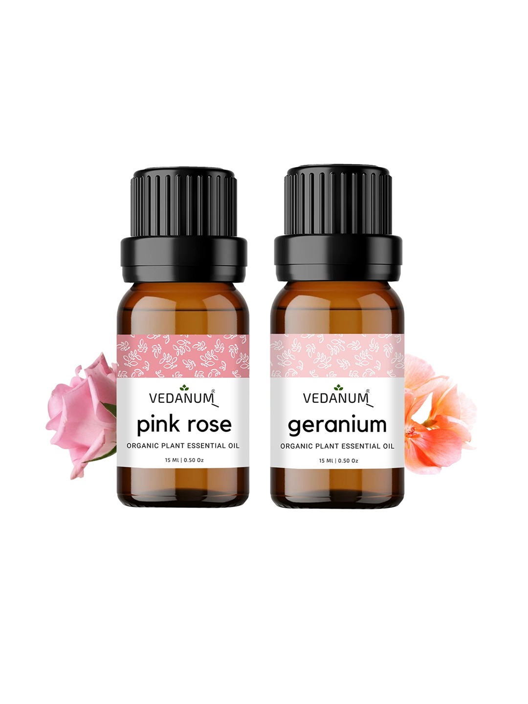 

VEDANUM Set of 2 Organic Plant Essential Oils 15 ml Each - Pink Rose and Geranium, Brown