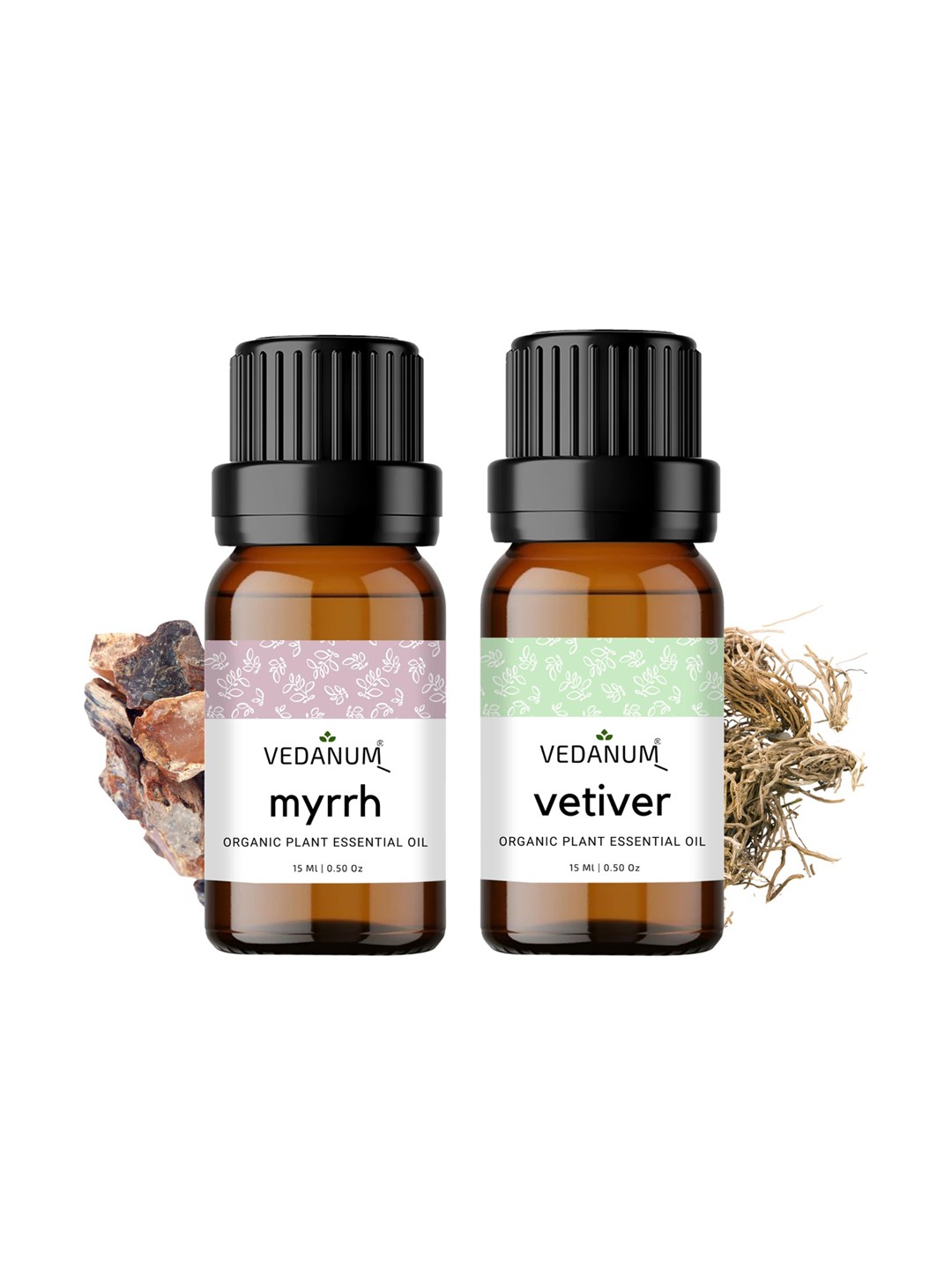 

VEDANUM Set of Vetiver & Myrrh Organic Plant Essential Oil 15 ml Each, Brown