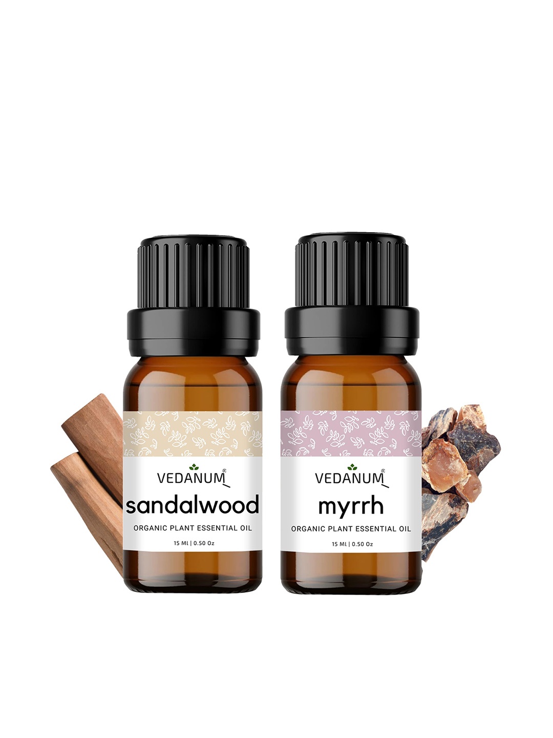 

VEDANUM Set of Sandalwood & Myrrh Organic Plant Essential Oil 15 ml Each, Brown