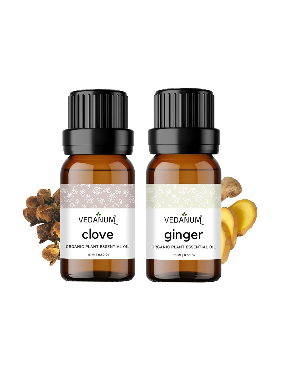 

VEDANUM Set of 2 Organic Plant Essential Oils 15ml each - Ginger & Clove, Brown