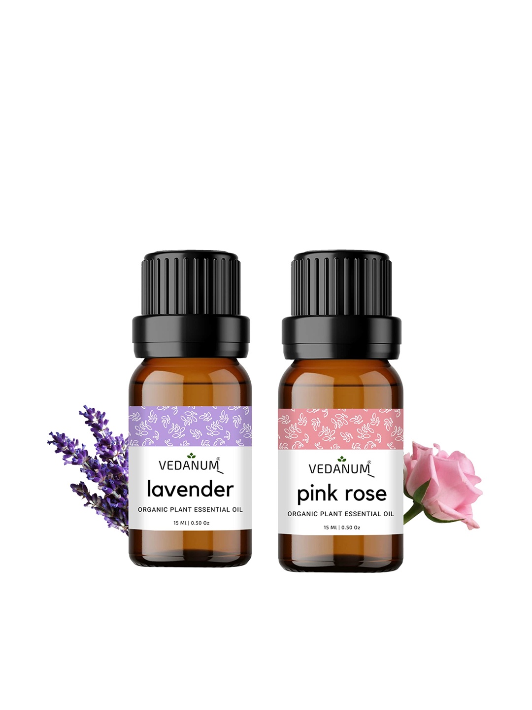 

VEDANUM Set of 2 Organic Plant Essential Oils 15ml each - Lavender & Pink Rose, Brown