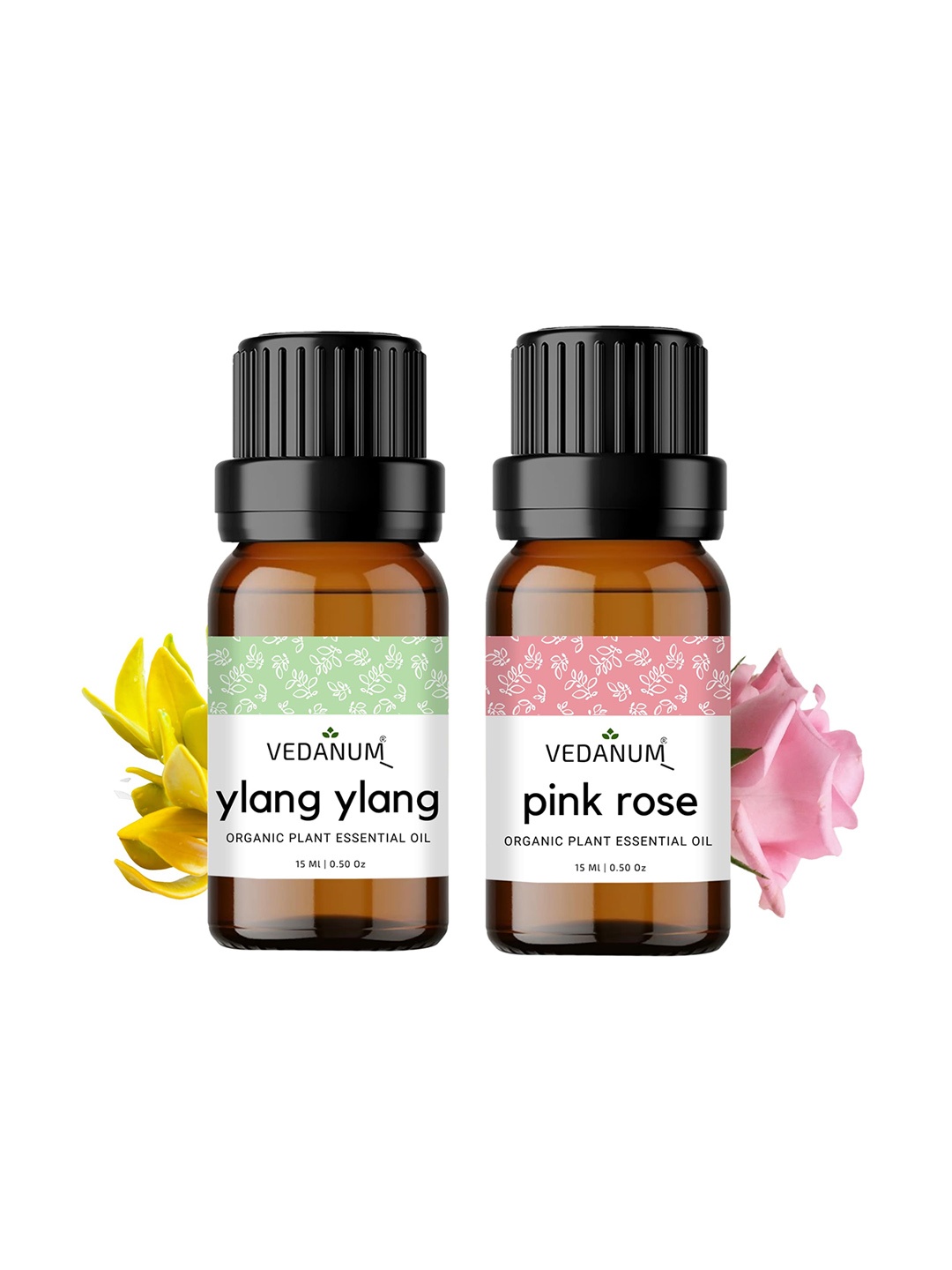 

VEDANUM Set of 2 Organic Plant Essential Oils 15ml each - Ylang Ylang & Rose, Brown