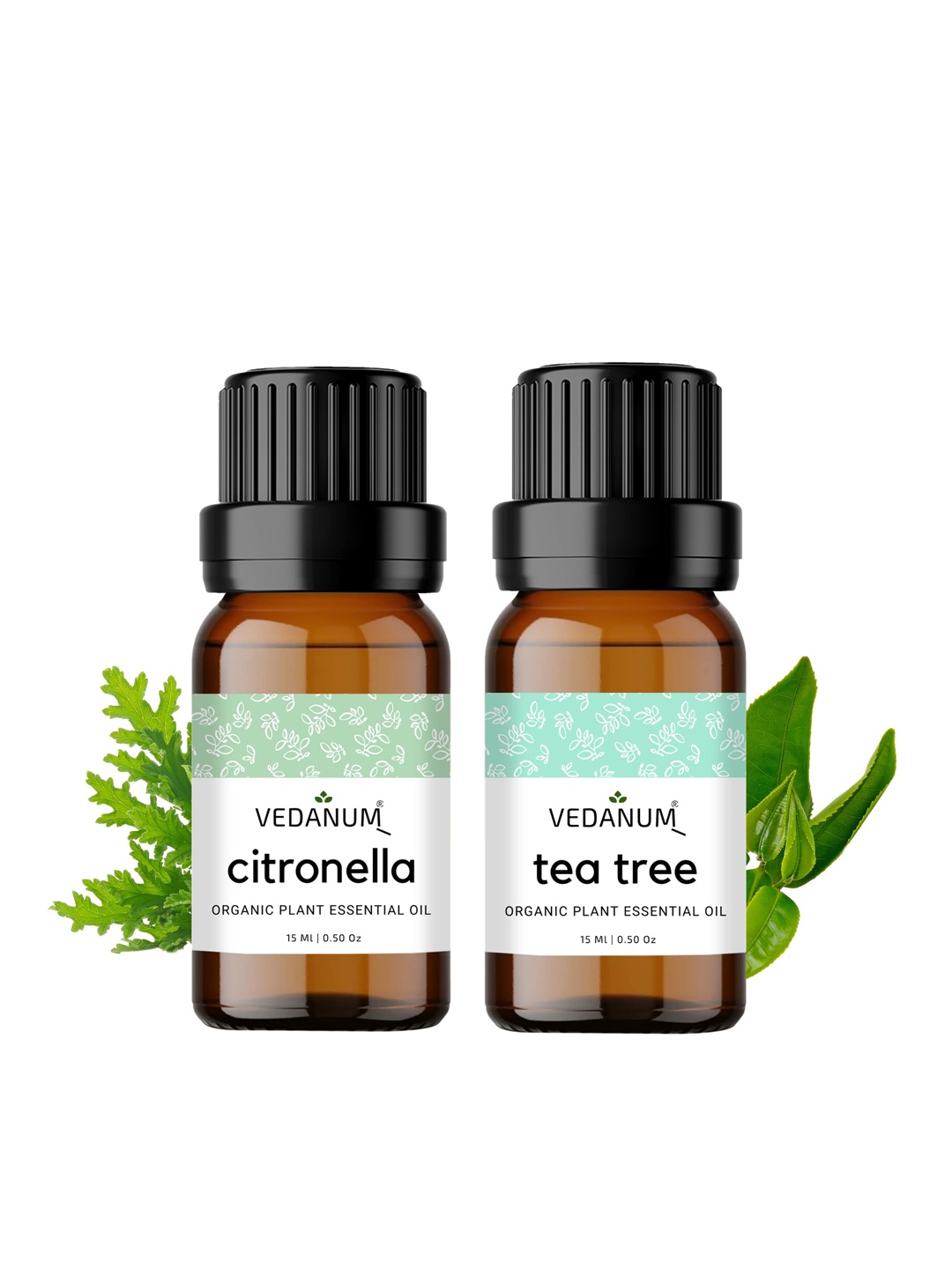 

VEDANUM Set of 2 Organic Plant Essential Oils 15ml each - Citronella & Tea Tree, Brown