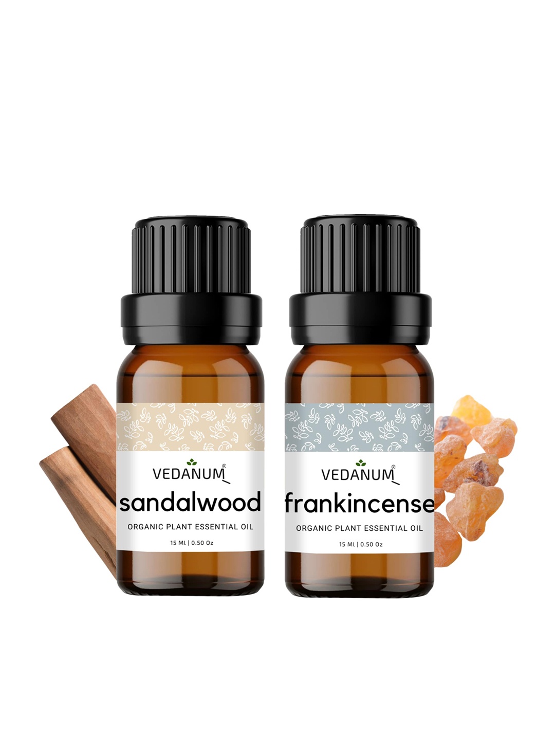 

VEDANUM Set of 2 Organic Plant Essential Oils 15ml each - Frankincense & Sandalwood, Brown