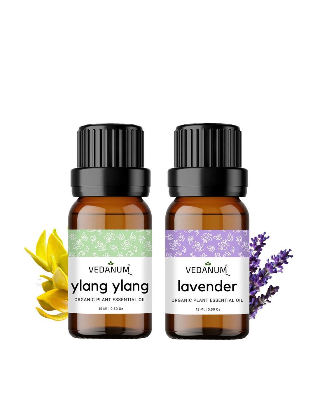

VEDANUM Set of 2 Organic Plant Essential Oils 15ml each - Ylang Ylang & Lavender, Brown