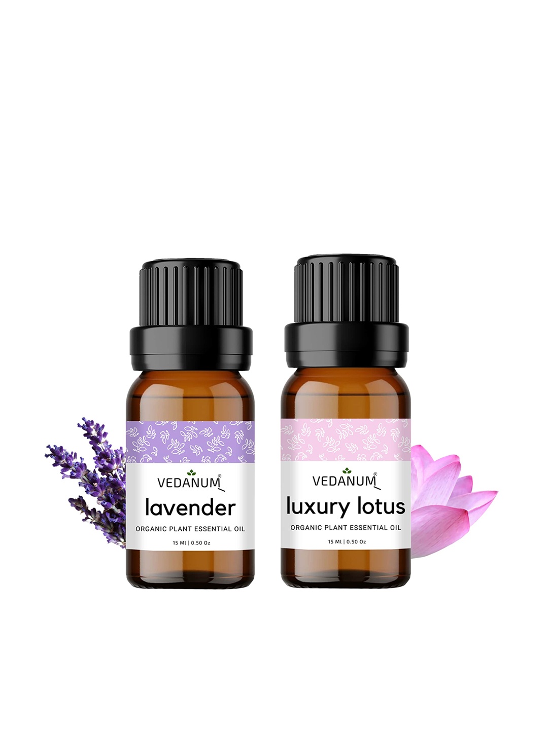 

VEDANUM Set of 2 Organic Plant Essential Oils 15ml each - Lavender & Lotus, Brown