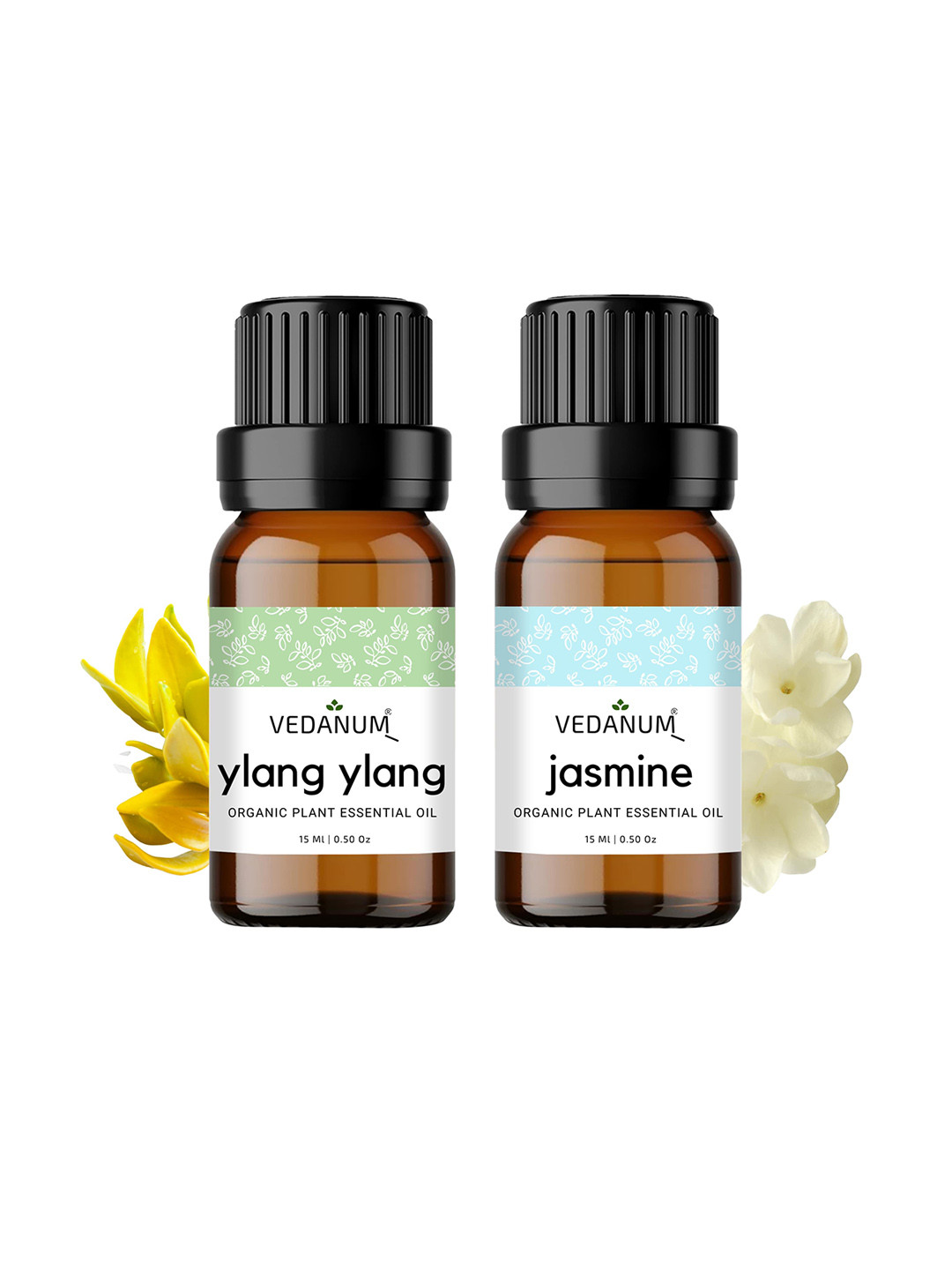 

VEDANUM Set of 2 Organic Plant Essential Oils 15ml each - Ylang Ylang & Jasmine, Brown