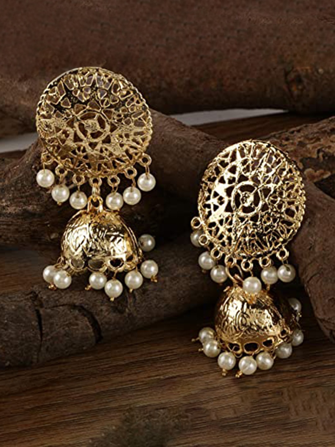 

MANATH Gold-Plated Leaf Shaped Jhumkas Earrings