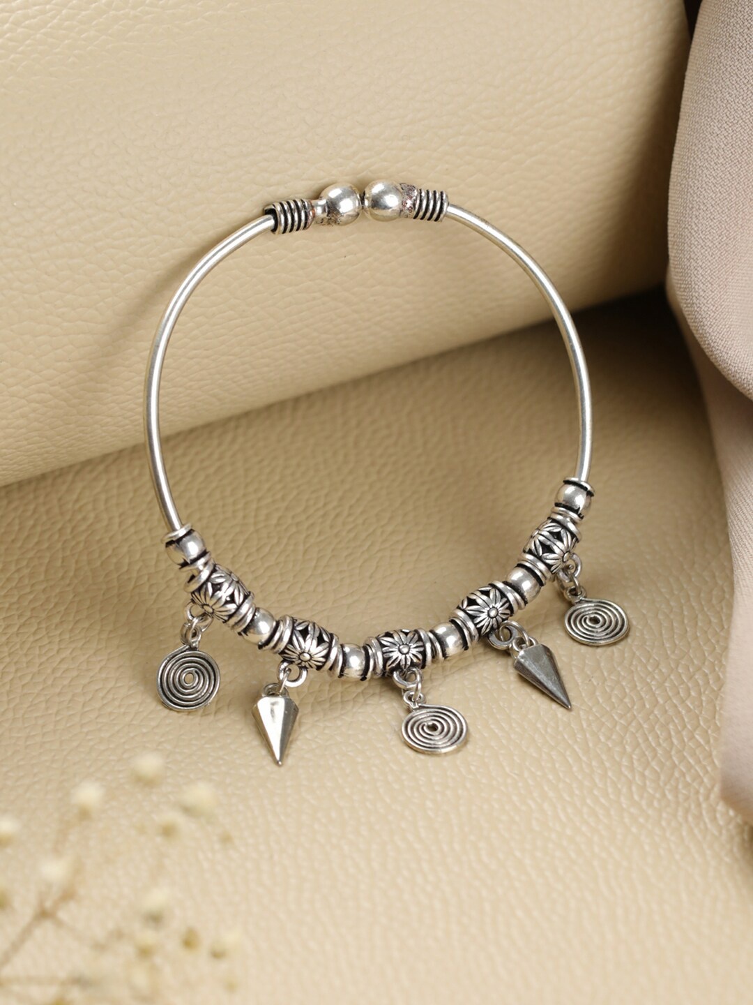 

Sangria Silver-Toned Silver-Plated Oxidised Tribal Circular & Charm Bracelet