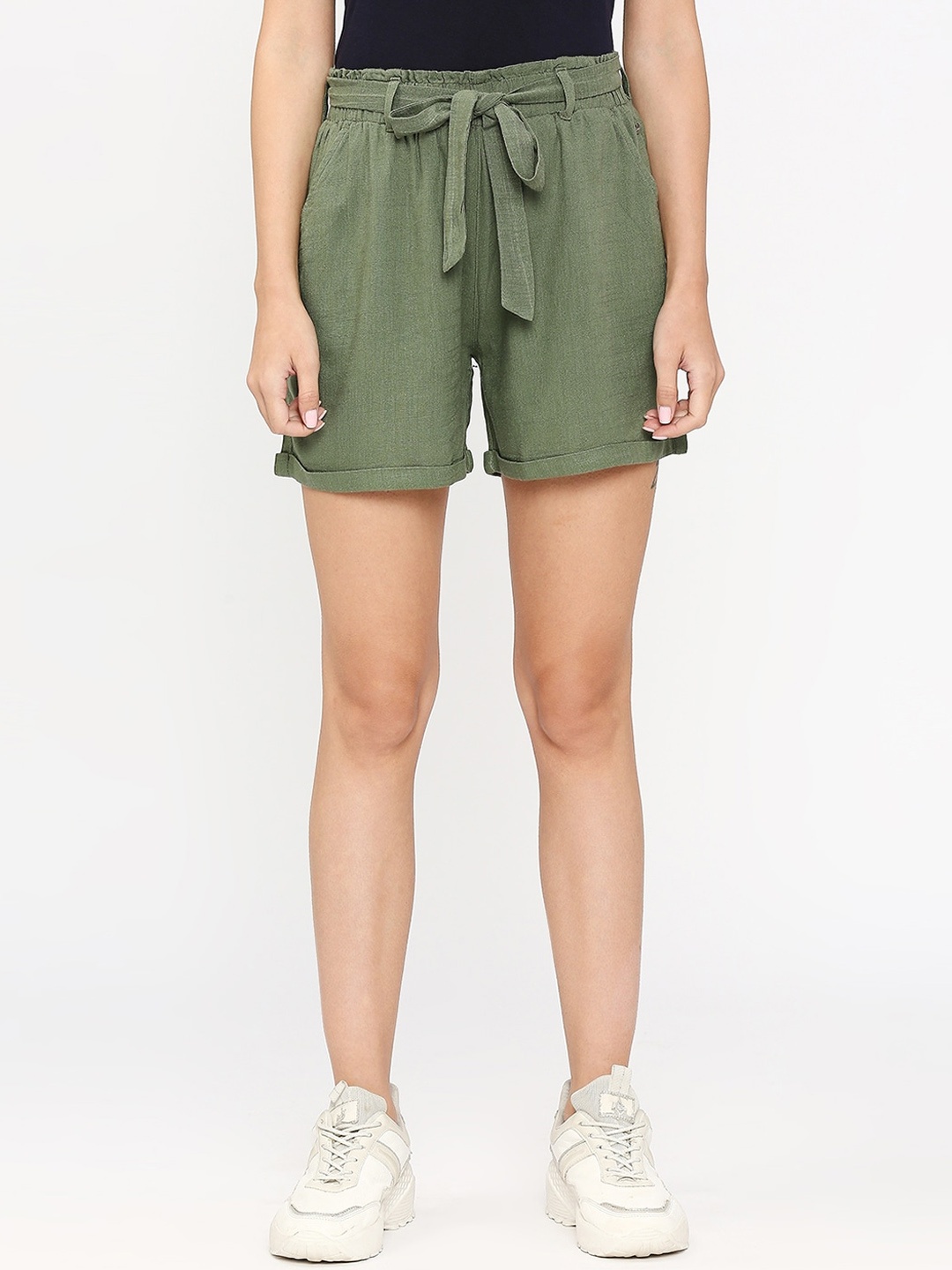 

SPYKAR Women Mid Rise Slim Fit Cotton Shorts, Green