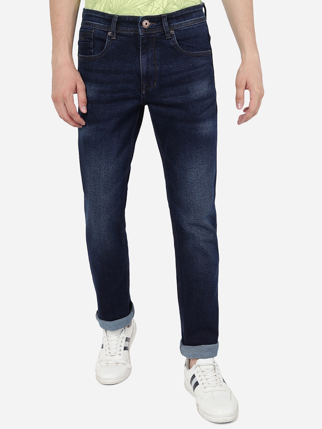 

Greenfibre Men Straight Fit Clean Look Light Fade Stretchable Whiskers Cotton Jeans, Blue
