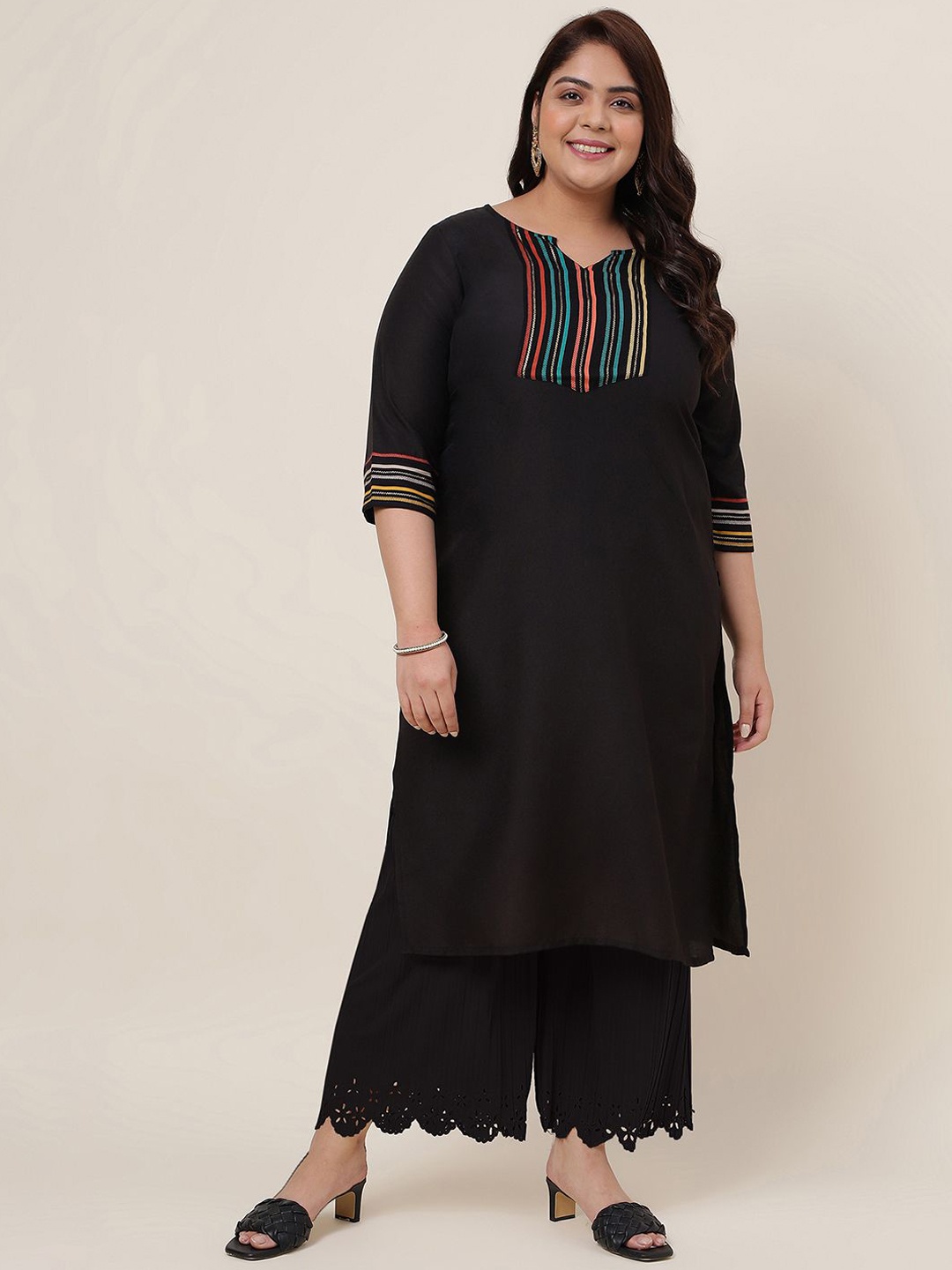 

SKYLEE Plus Size Black Striped Yoke Design Cotton Silk Kurta