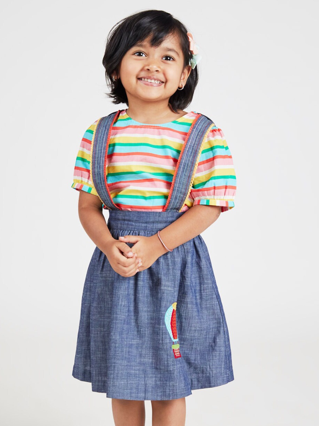 

YK Girls Conversational Embroidered Denim Pinafore Dress With Top, Blue