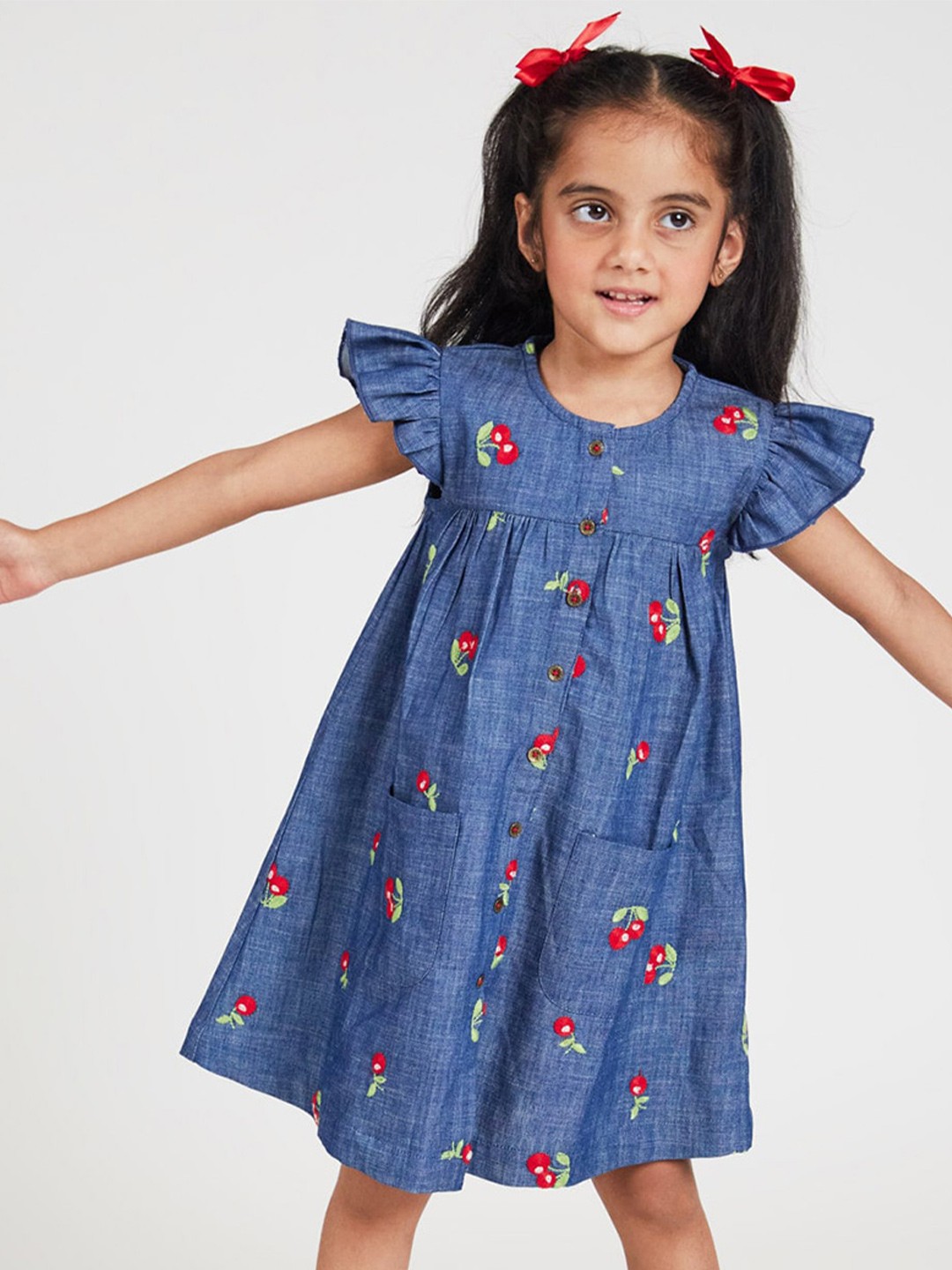 

YK Girls Conversational Embroidered Flutter Sleeves Denim A-Line Dress, Blue