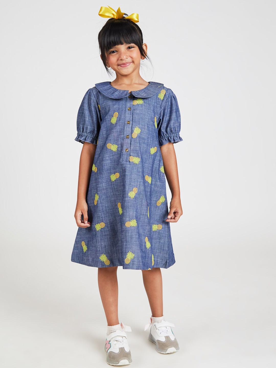 

YK Girls Conversational Embroidered Puff Sleeves Cotton Denim A-Line Dress, Blue