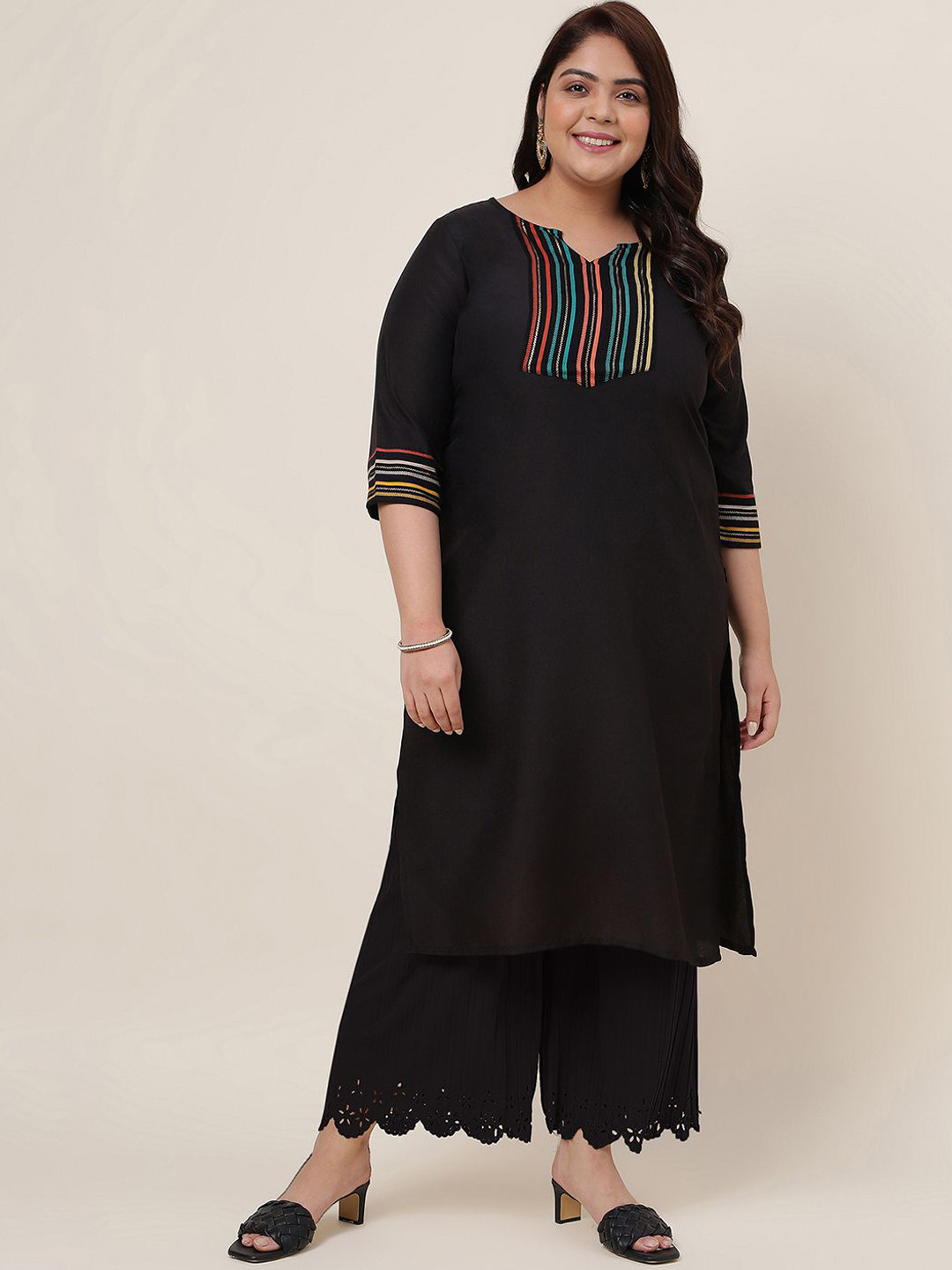 

KALINI Striped Yoke Design Cotton Silk Kurta, Black