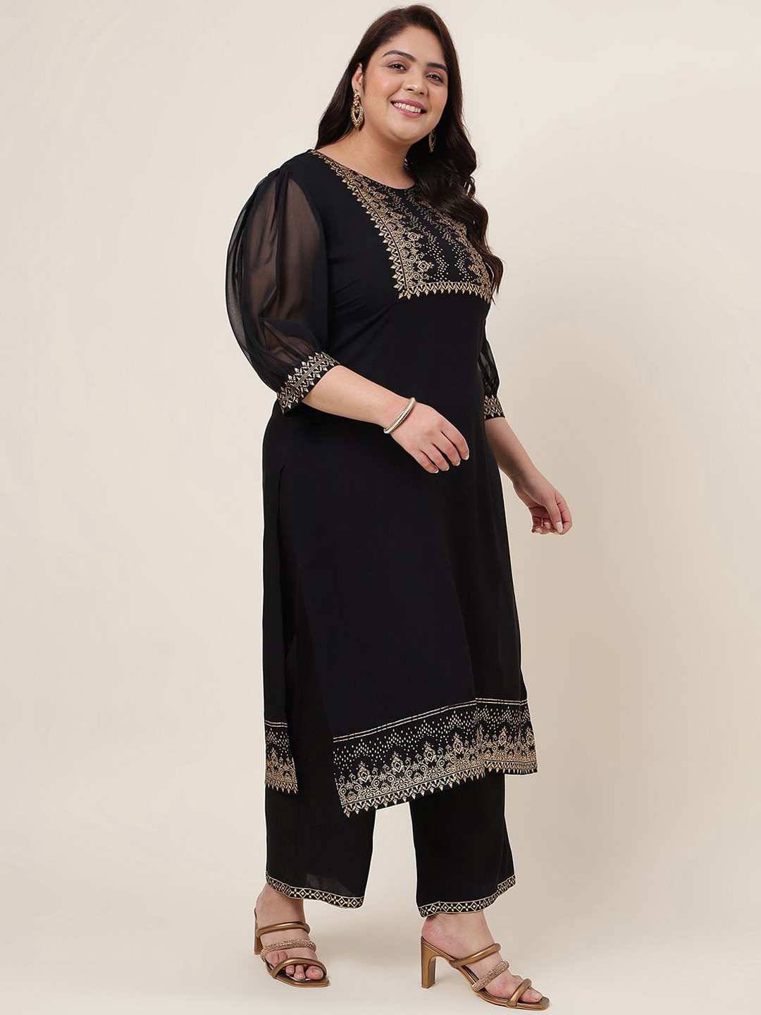 

KALINI Ethnic Motifs Printed Puff Sleeves Silk Cotton Kurta, Black