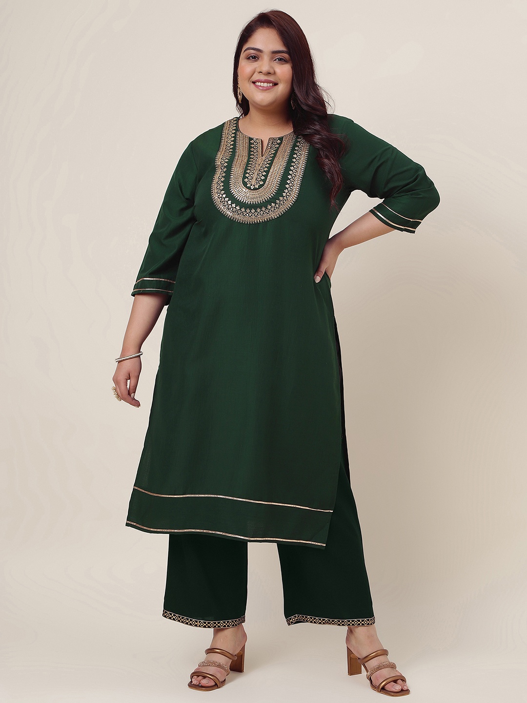 

KALINI Keyhole Neck Geometric Printed Silk Cotton Kurta, Green