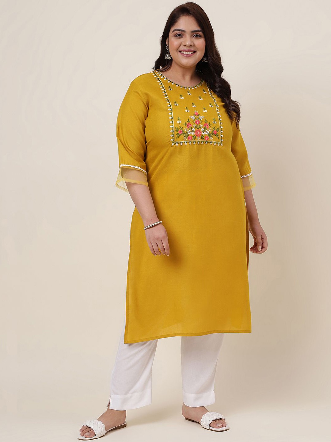 

KALINI Floral Yoke Design Thread Work Kurta, Yellow