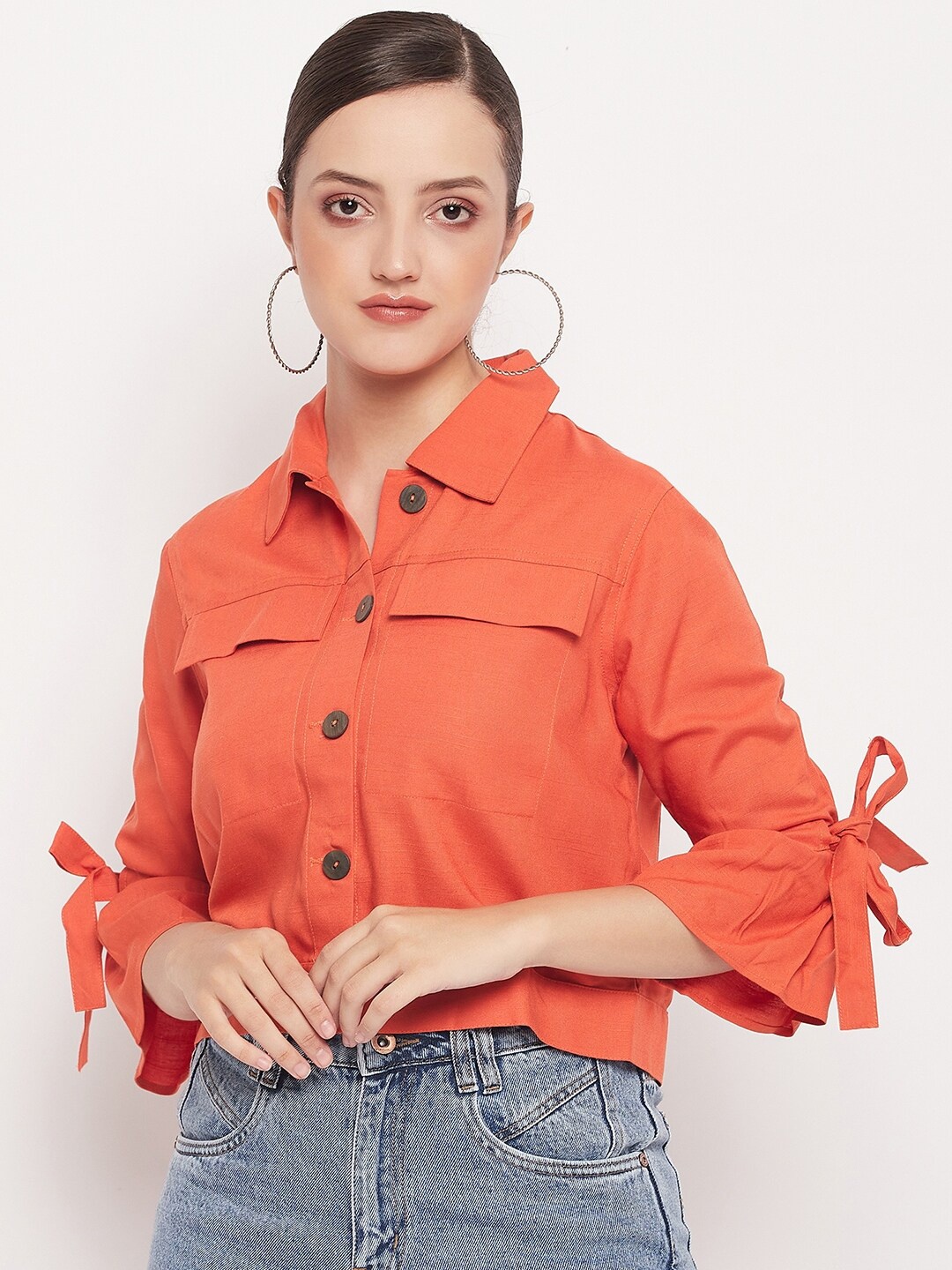 

Madame Tie-Up Bell Sleeves Shirt Style Crop Top, Orange