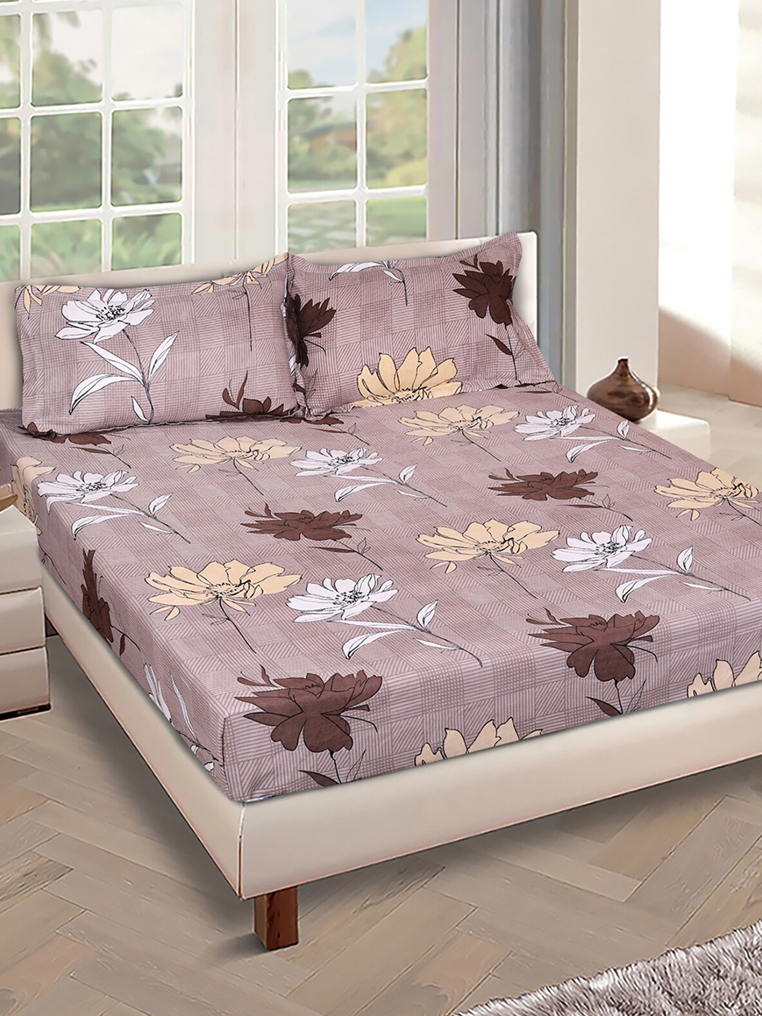 

ROMEE Beige & Brown Floral Microfiber 150 TC Queen Bedsheet With 2 Pillow Covers