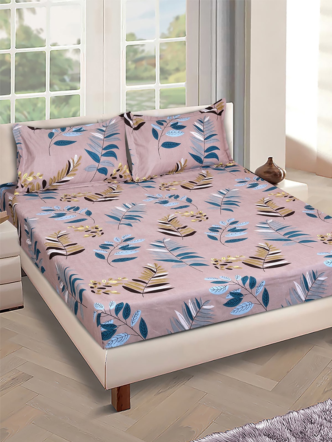 

ROMEE Purple & Beige Floral 150 TC Microfiber Queen Bedsheet with 2 Pillow Covers