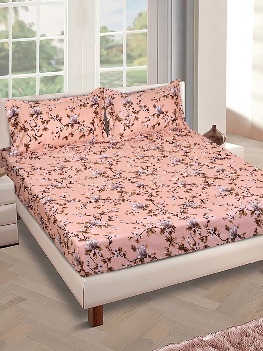 

ROMEE Peach-Coloured & Brown Floral 150 TC Microfiber Queen Bedsheet with 2 Pillow Covers
