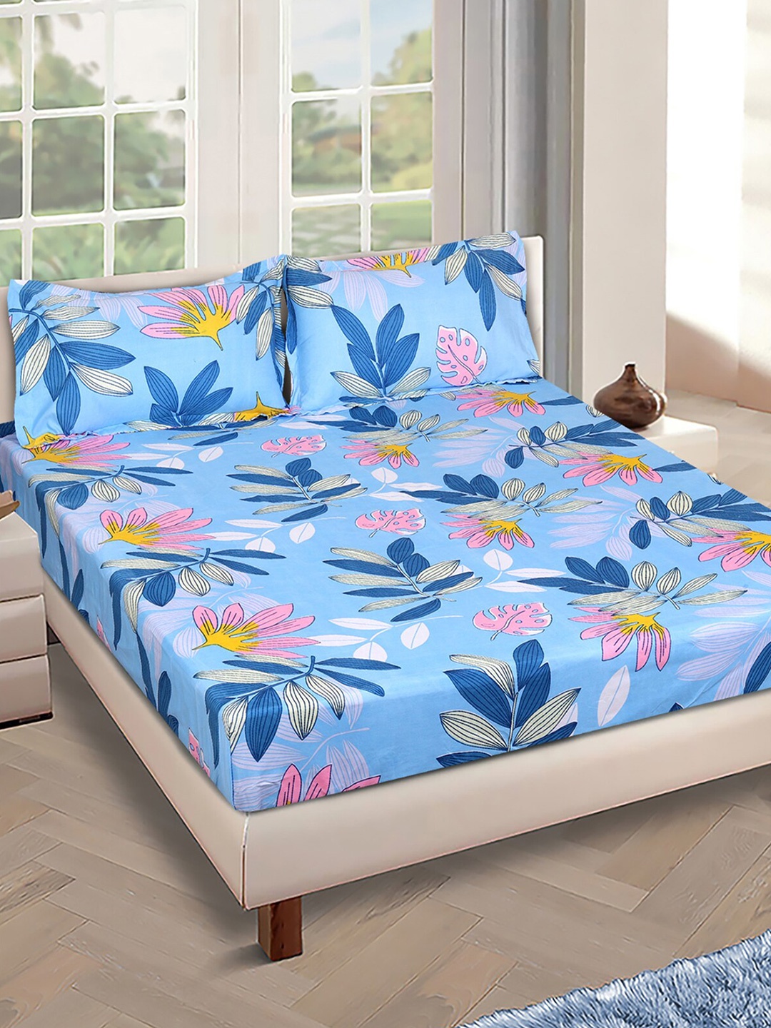 

ROMEE Blue & Yellow Floral 150 TC Microfiber Queen Bedsheet & 2 Pillow Covers