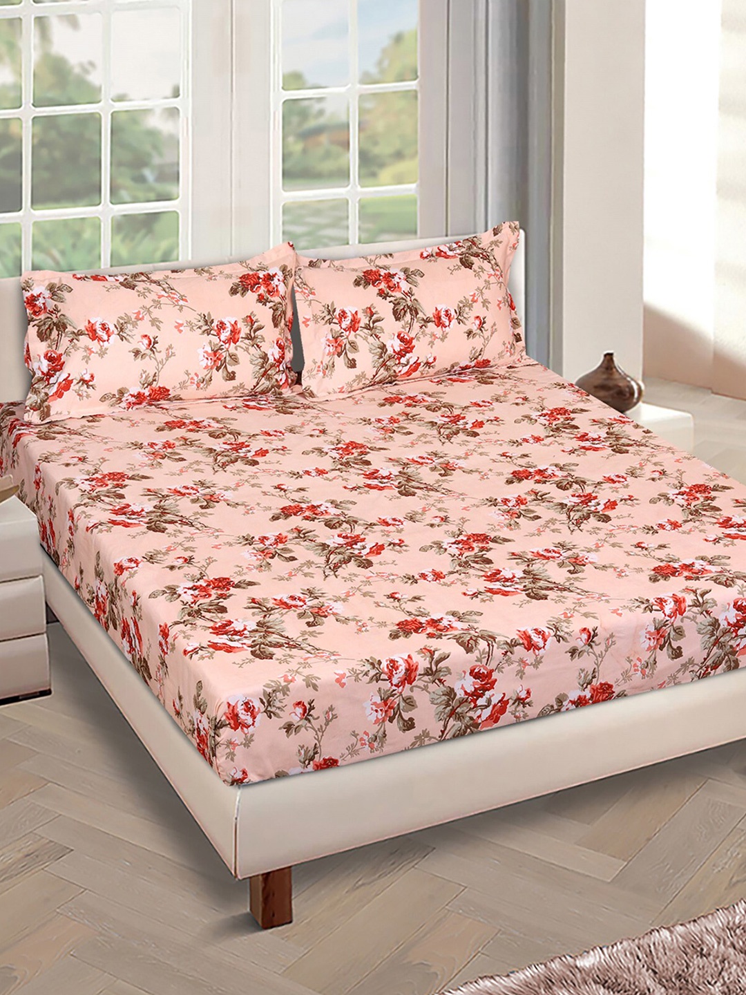 

ROMEE Peach-Coloured & Red Floral Microfiber 150 TC Queen Bedsheet & 2 Pillow Covers